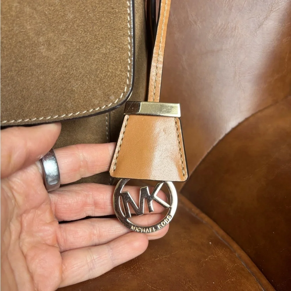 Michael Kors Romy Medium Suede Satchel Crossbody Bag Taupe Tan Leather